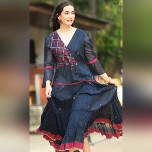 Indo-Western Maxi Dress | Navy & Burgundy | Boho Ethnic Dress | Festive Wear | L